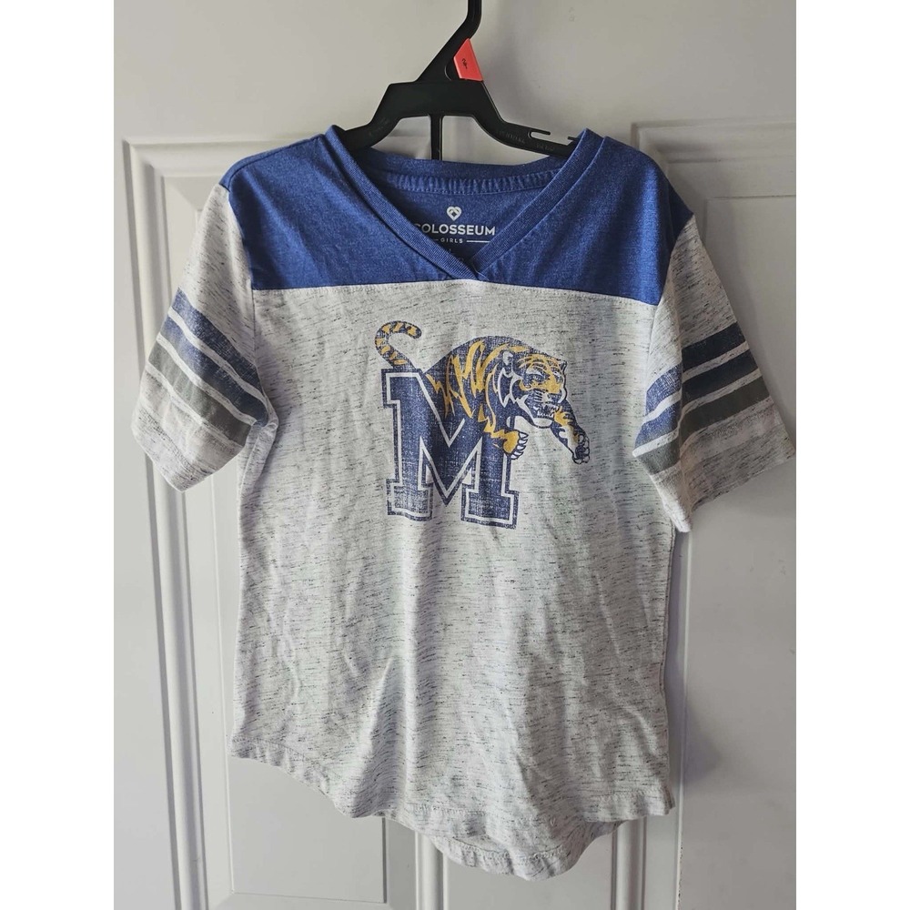 Colosseum‎ Girls Memphis Tigers Graphic T-Shirt Size L (10–12) Blue V-Neck NCAA